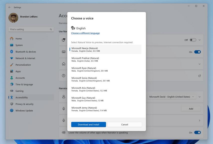 Narrator Natural Voices Settings