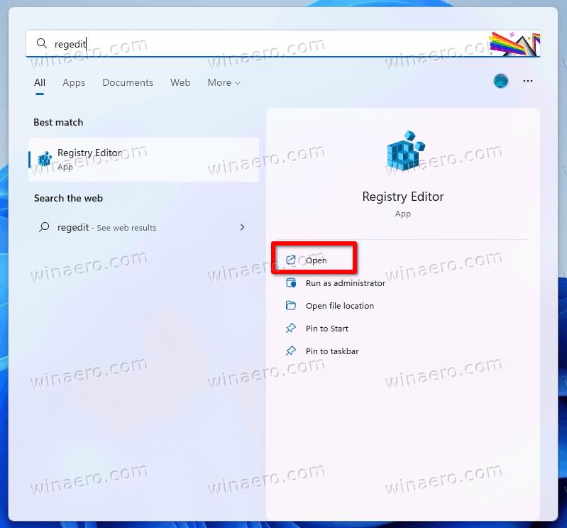 open the Registry editor from search