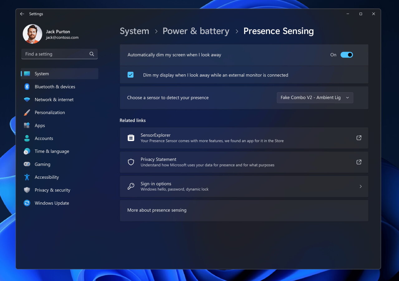 Settings Presence Sensing Adaptive Dimming