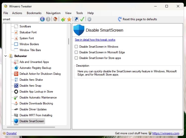 Tweaker 1.40 Disable Smartscreen