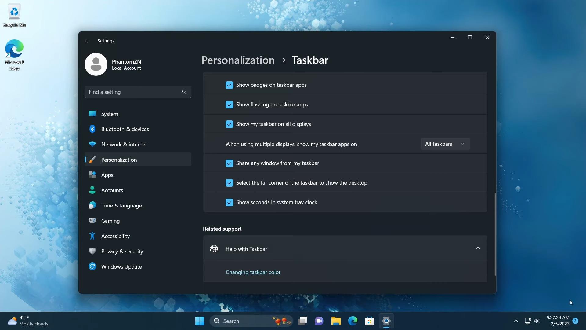 Seconds in the taskbar clock