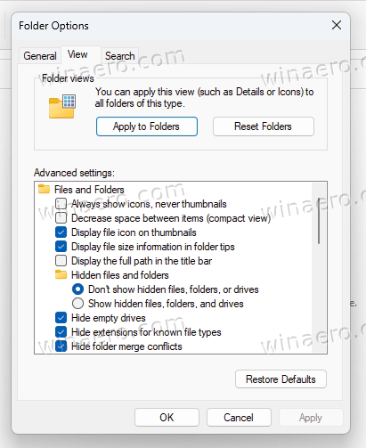 Restore Classic Folder Options In Windows 11