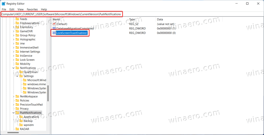 Disable Notifications On The Lock Screen in Windows 11 Registry
