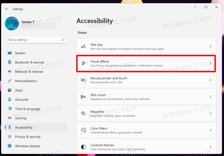 Accessibility Visual Effects Section