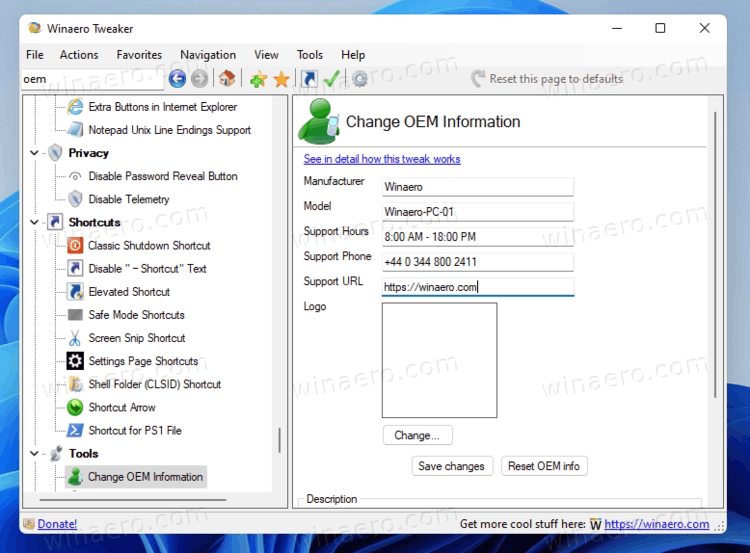 Add OEM Support Info With Winaero Tweaker