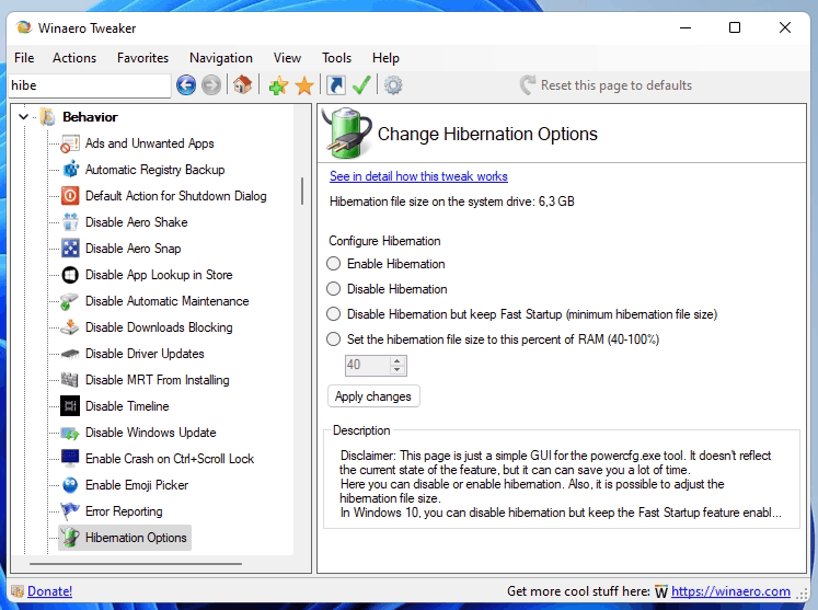 Change Hibernation Options With Winaero Tweaker