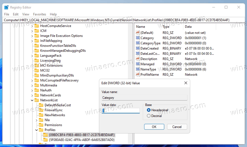 Make Network Private or Public in Windows 11 Registry