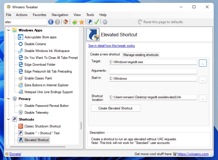 Create Elevated Shortcut In Winaero Tweaker