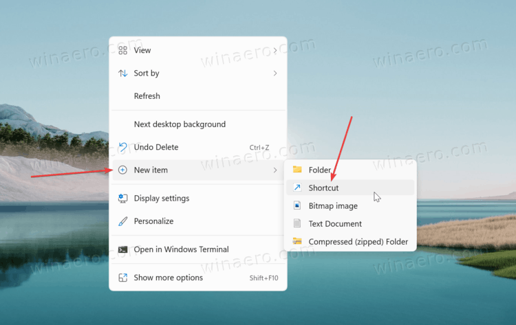 Desktop Menu - New Item - Shortcut