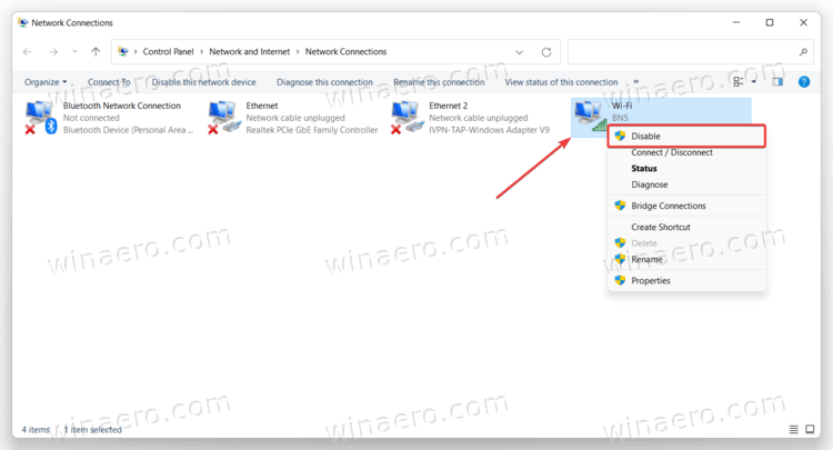 Disable Network Adapter Using Control Panel