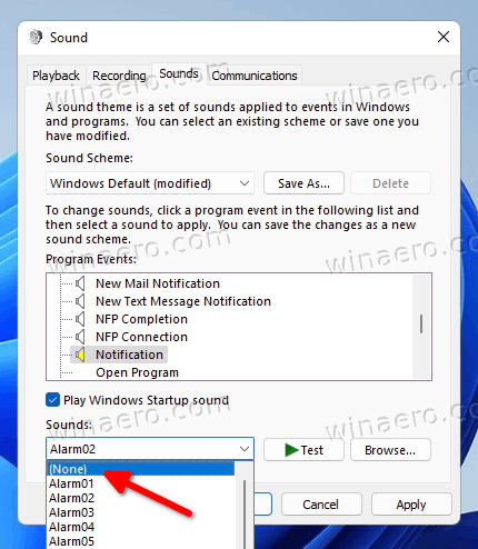 Disable the Sound for the Notification Event in Windows 11
