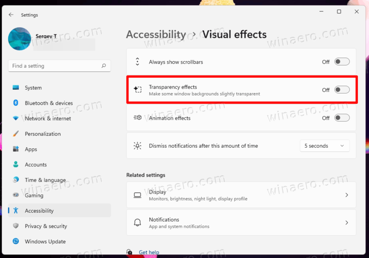 Accessibility Settings toggle option