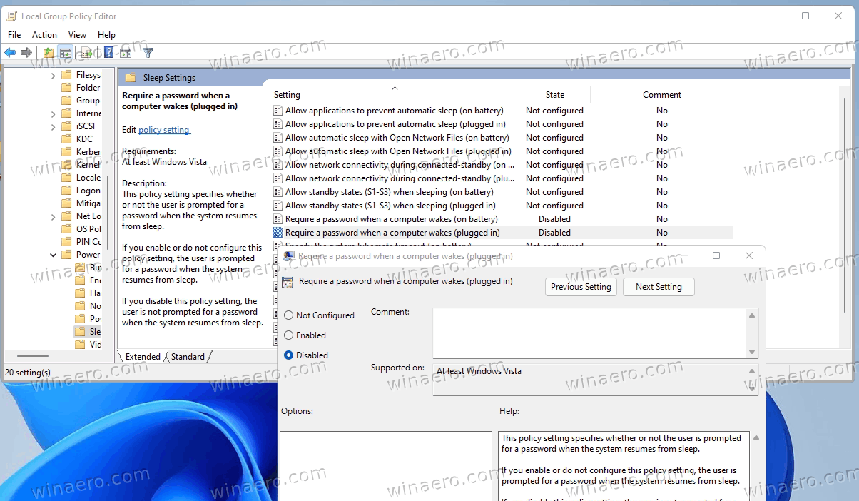 Disable Wakeup Password In Group Policy