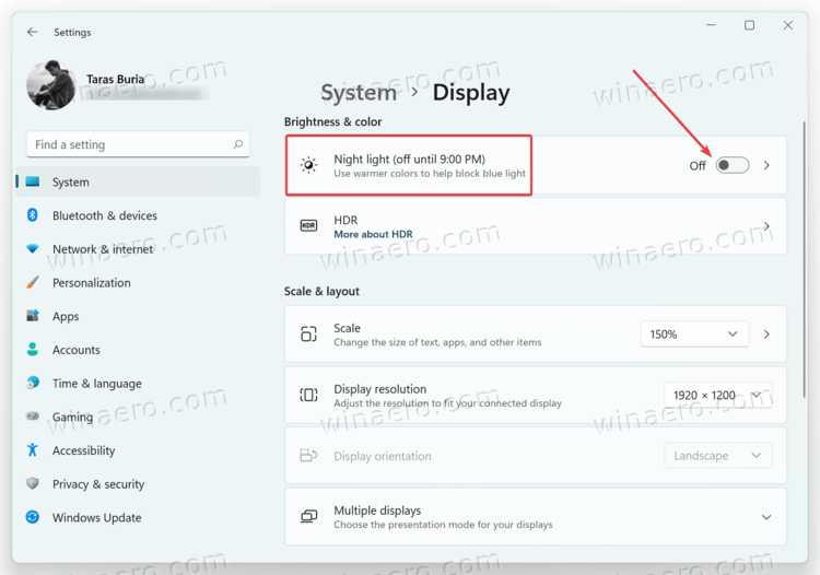 Enable Night Light In Windows 11 Settings