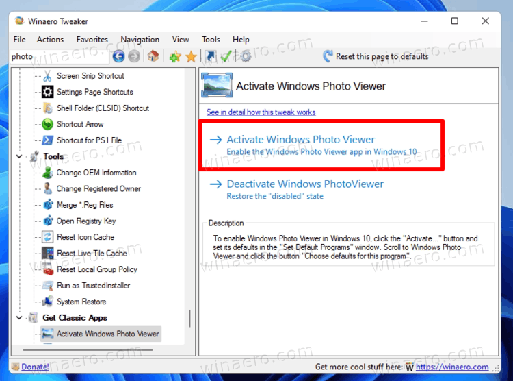 Enable Windows Photo Viewer in Winaero Tweaker