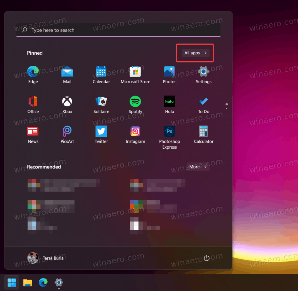 Start Menu All Apps button