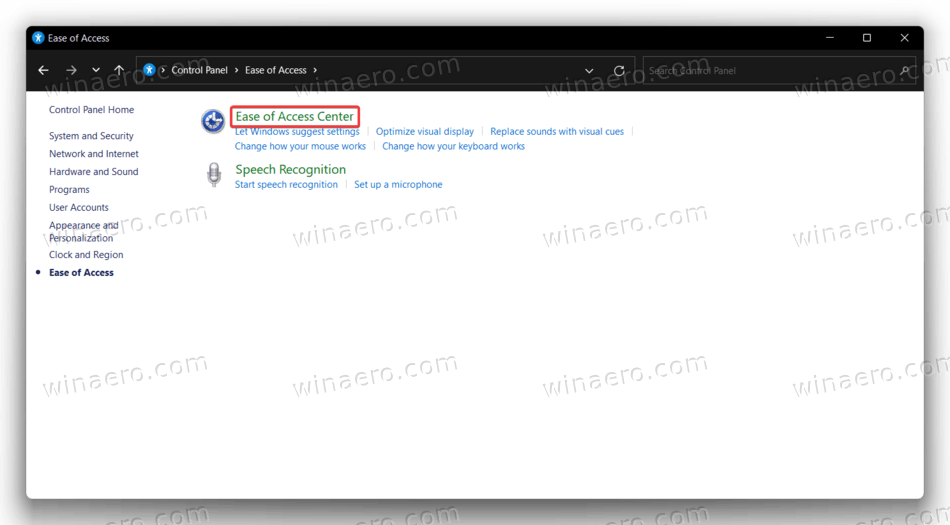 Ease of access center in Windows 11 control panel