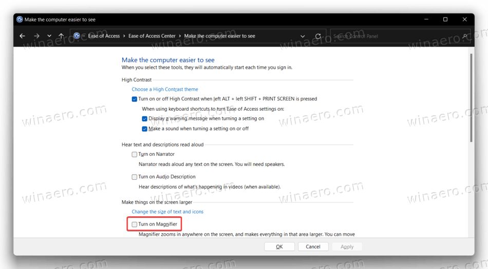 Turn on Magnifier in the Control Panel