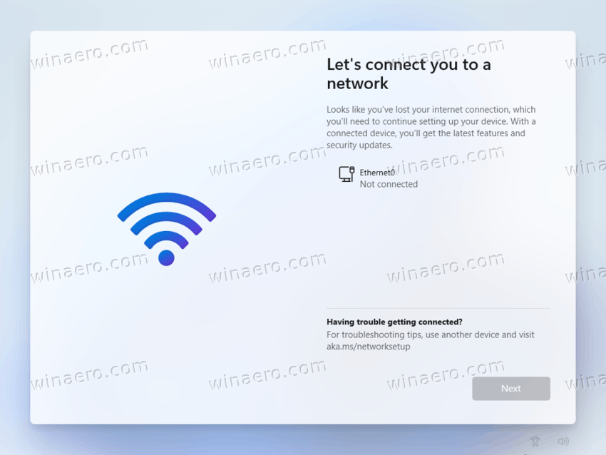 Windows 11 setup screen with no connection available
