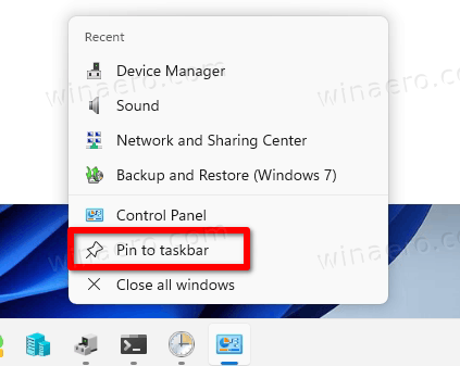 Pin Control Panel To Taskbar