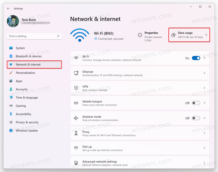 Windows 11 Settings Network Data Usage Button