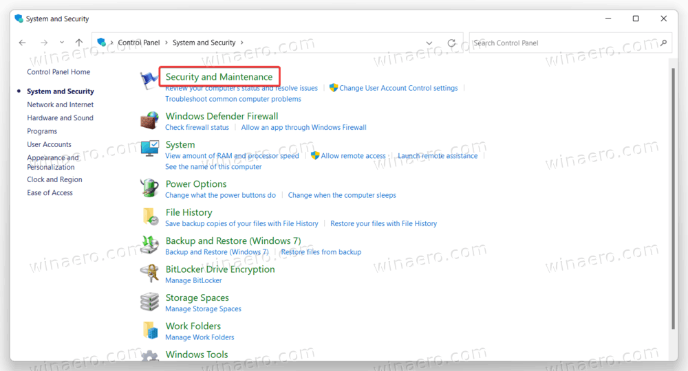 Security And Maintenance Control Panel Item In Category View