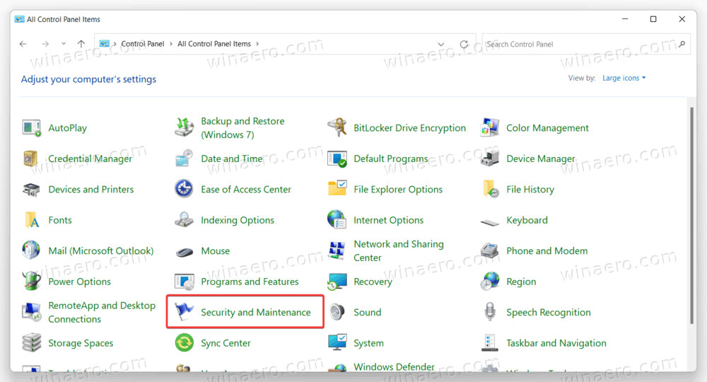 Security And Maintenance Control Panel Item In Icon View