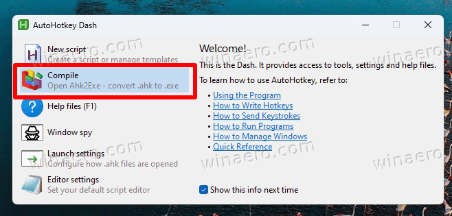 Select Compile In Autohotkey Dash