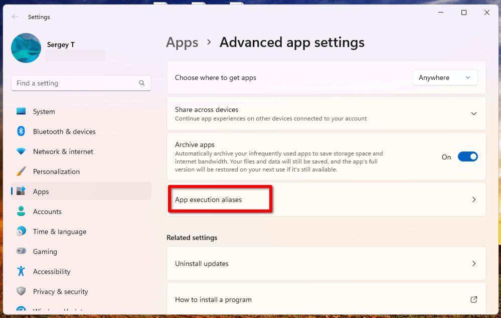 Click on "App execution aliases"