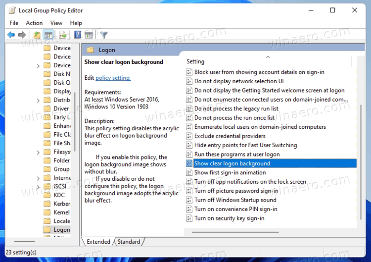 Show Clear Logon Background Policy