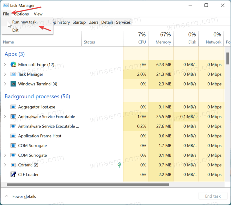 Task Manager > Menu > Run New Task