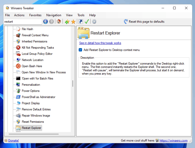 Tweaker Restart Explorer Context Menu