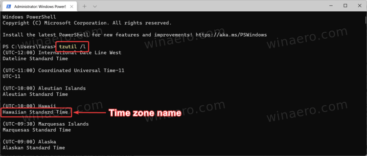 Tzutil list of time zones