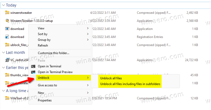 unblock all files in a folder from context menu