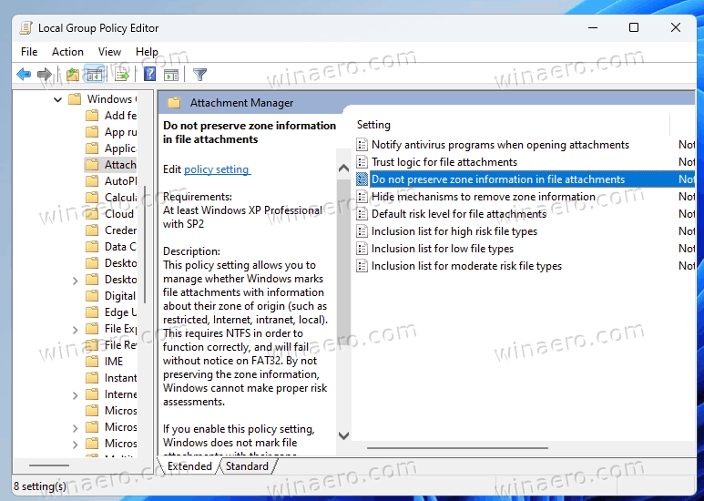 the Attachment Manager policy