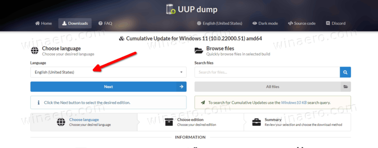 UUP Dump Select Language