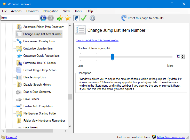 Winaero Tweaker 0.19 Jump List Item Number 1