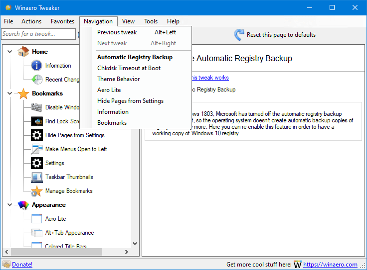 Winaero Tweaker 0.19 Navigation History 1