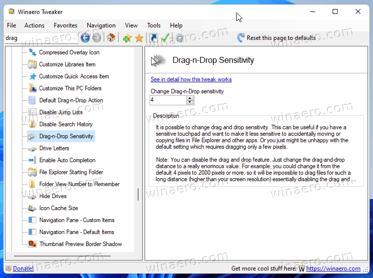 Winaero Tweaker Drag Drop Sensitivity