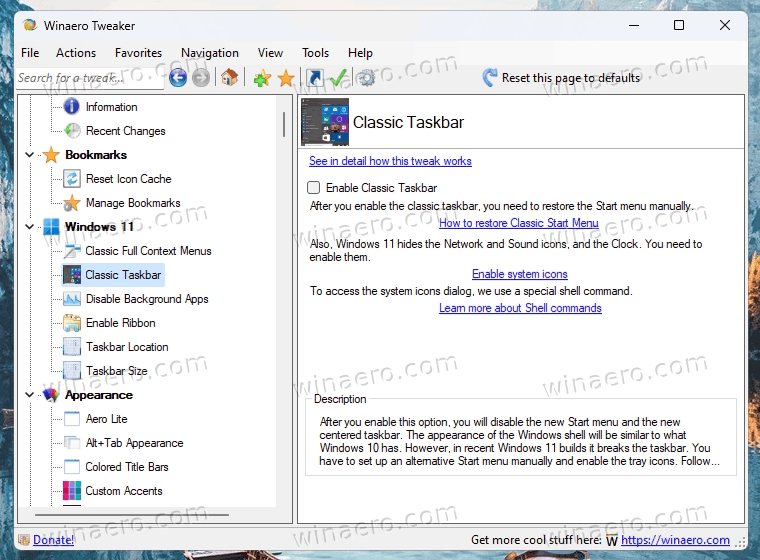 Winaero Tweaker Enable Classic Taskbar
