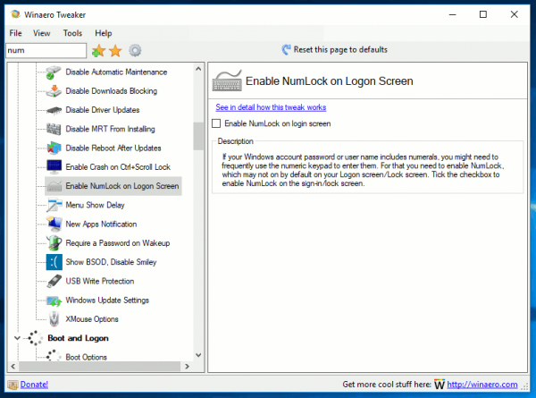 Winaero Tweaker Enable Numlock