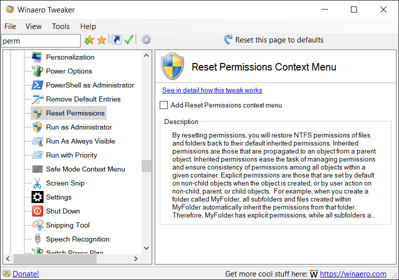 Winaero Tweaker Reset Permissions Context Menu