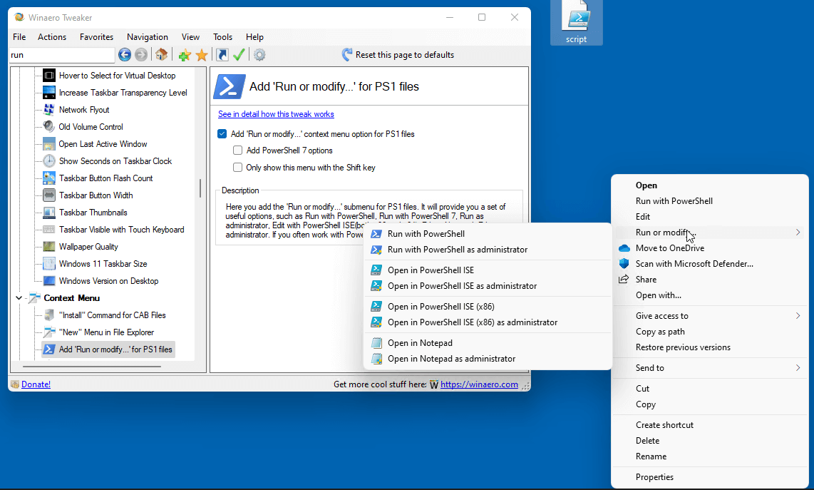Winaero Tweaker Run Modify PS1 Context Menu