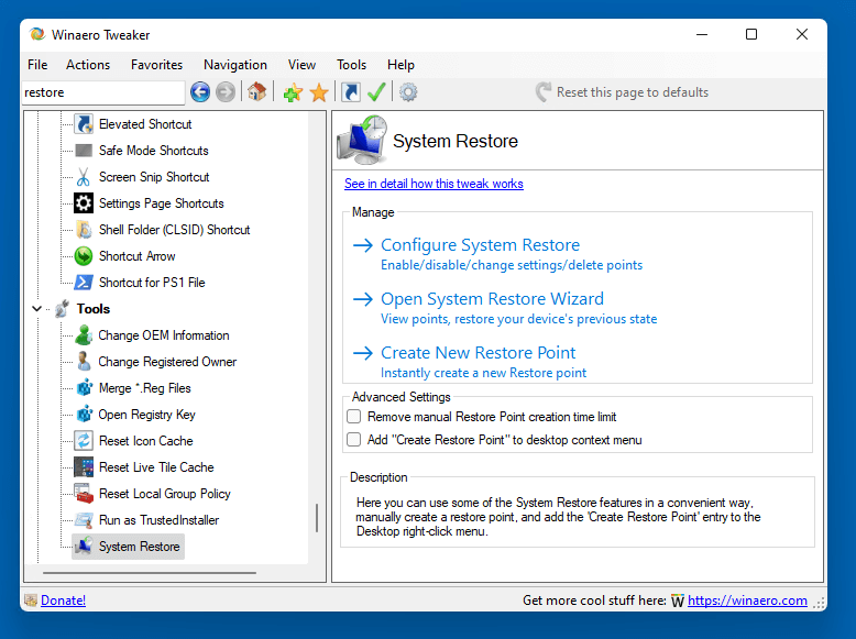 Winaero Tweaker System Restore