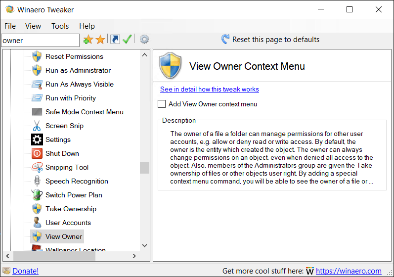 Winaero Tweaker View Owner Context Menu