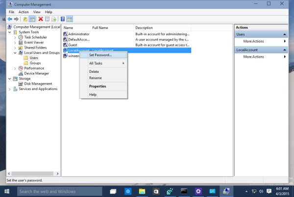 windows 10 set password from computer management
