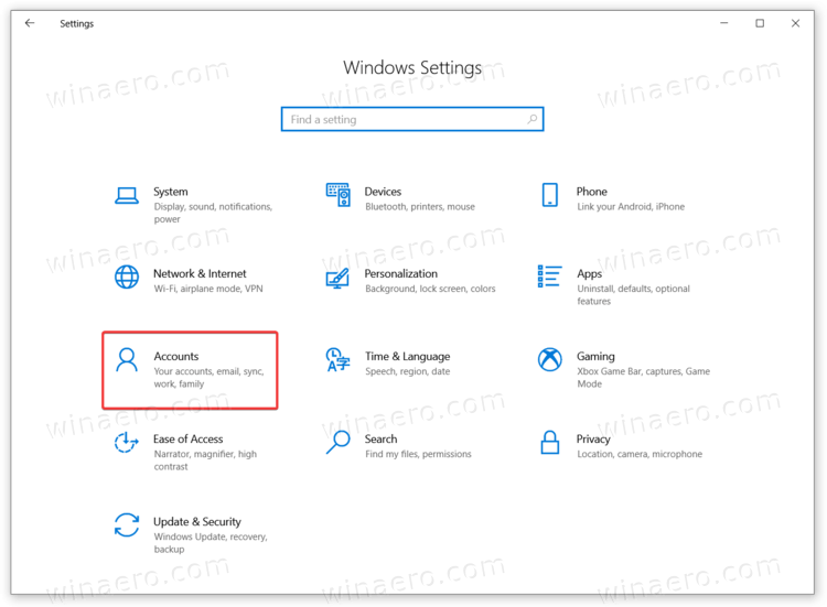 Windows 10 Settings Accounts Item