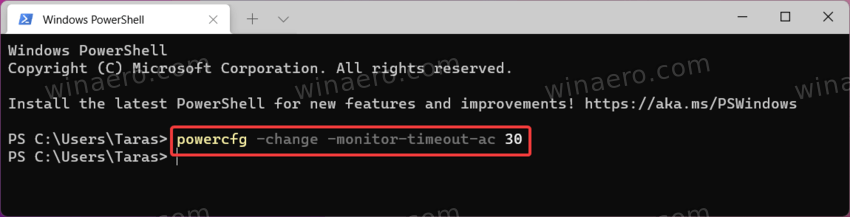 Change the screen off timeout in Windows 11 using Windows Terminal