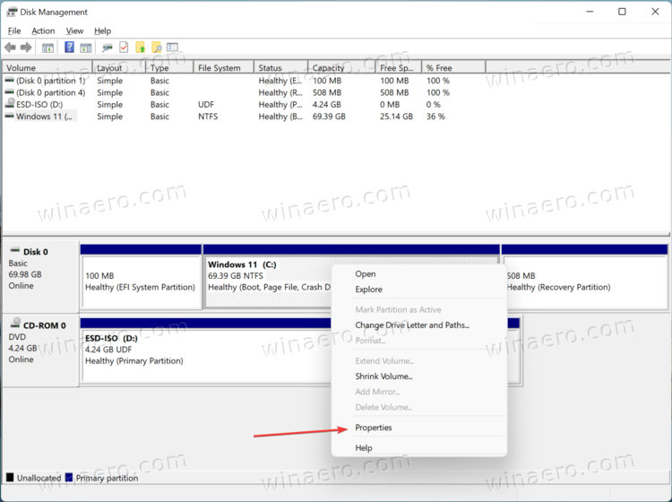 Windows 11 Disk Management Volume Properties Menu