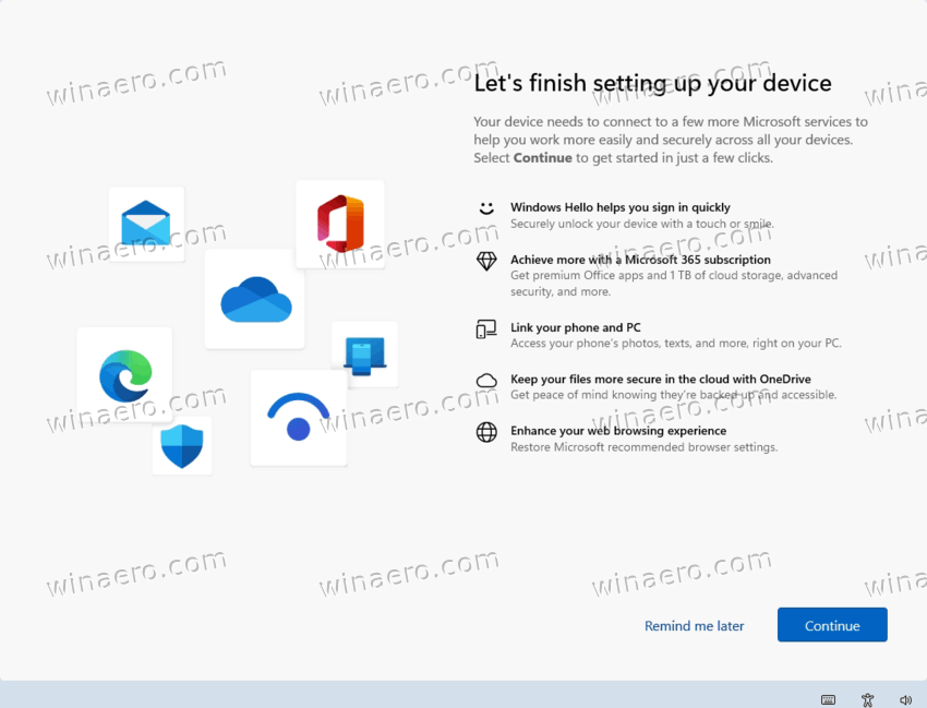 The "Let's finish setting up your device" screen in Windows 11